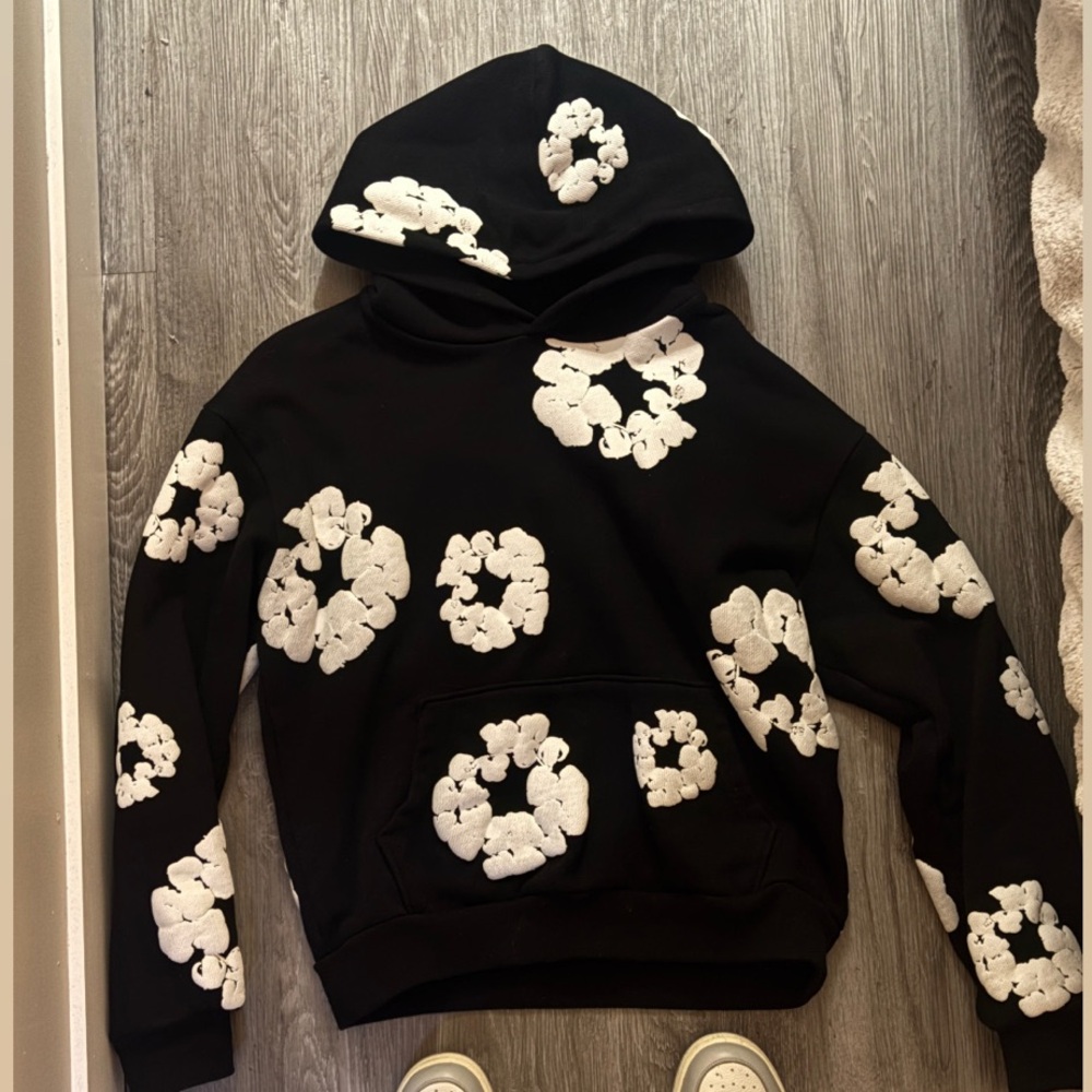 Black Denim Tears Hoodie with White Floral Pattern